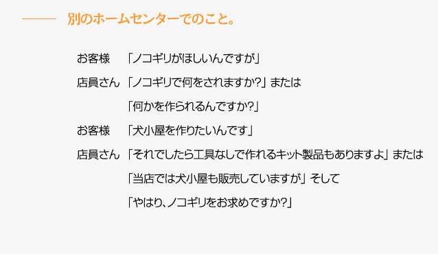 別のホームセンターでのこと。　お客様「ノコギリがほしいんですが」　店員さん「ノコギリで何をされますか？」または「何かを作られるんですか？」　お客様「犬小屋を作りたいんです」　店員さん「それでしたら工具なしで作れるキット製品もありますよ」または「当店では犬小屋も販売していますが」そして「やはり、ノコギリをお求めですか？」